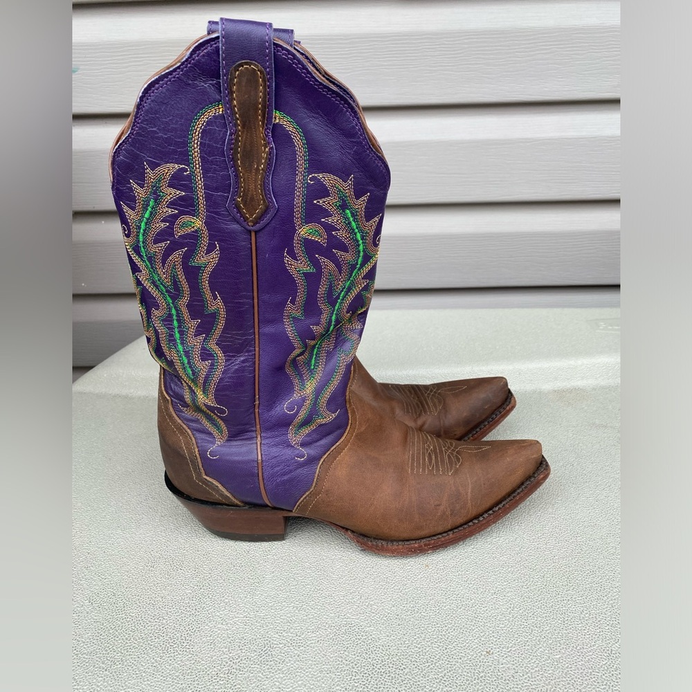 VTG Nocona Classic Womans 8B Brown/Purple Embroidered Leather Western Boots